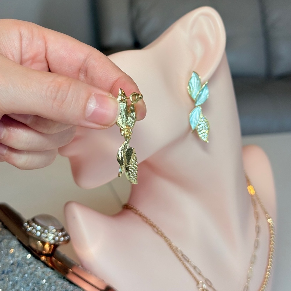 Gold Aqua Leaf Drop Earrings with Crystals - Picture 6 of 10